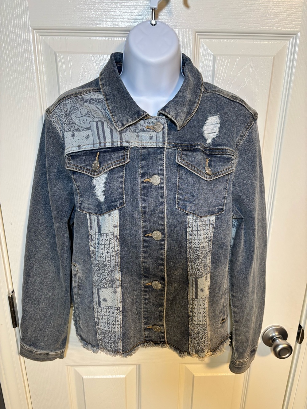 Denim jacket with patchwork of denim and printed fabric panels in size S